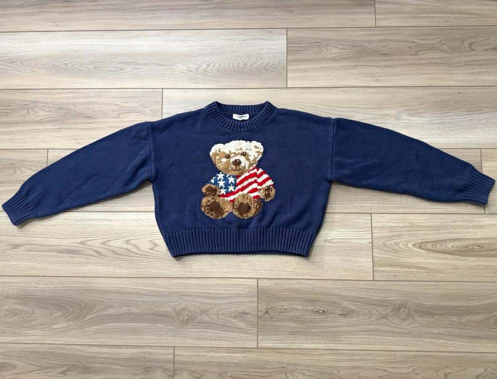 Grayson Threads Teddy Bear American Flag Sweater Womens Small Navy Patriotic
